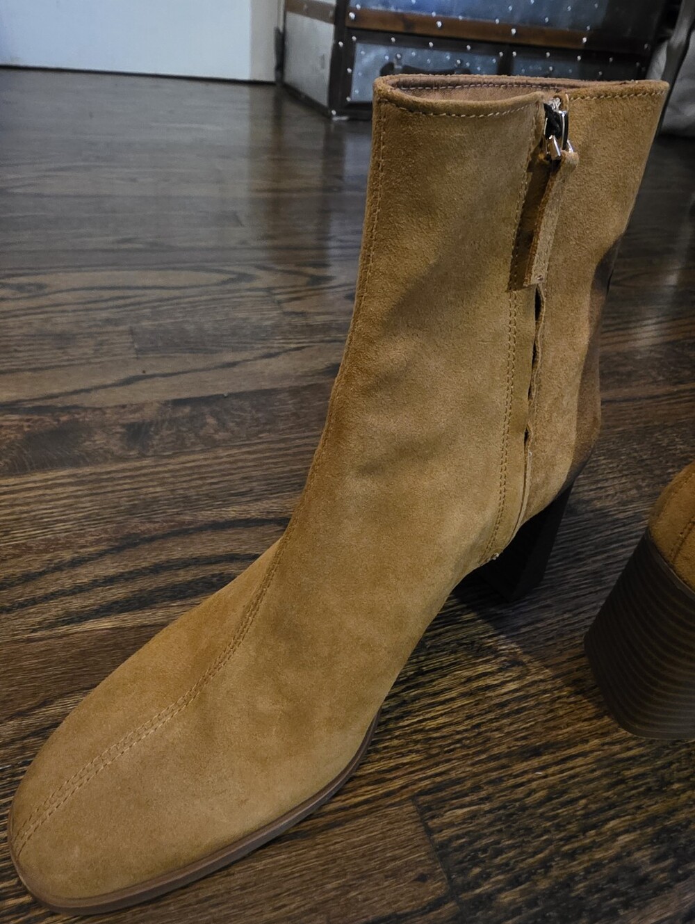 Leather Suede Block Heel Ankle Boots - Camel - Picture 4 of 7